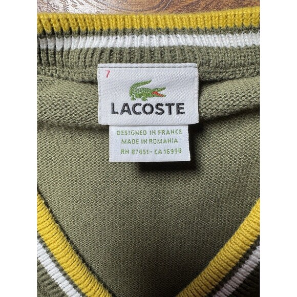 Lacoste Sweater Mens Large 7 Green Crest V Neck Jumper Preppy Pullover - Picture 4 of 5